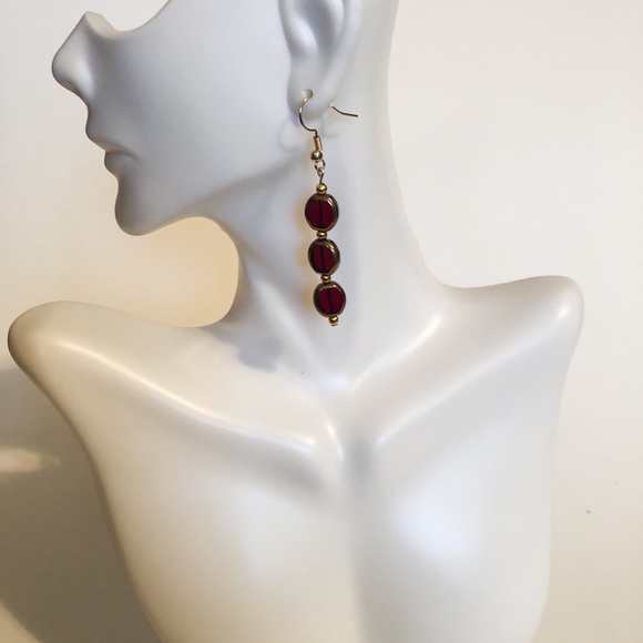 Handmade Brass Trim Dangle Earrings Red 2” Long - Picture 3 of 3